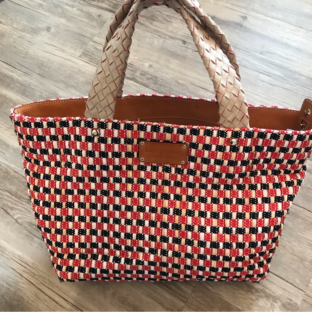 Kate Spade Tulum straw east west tote. Red/blue/straw tan.
